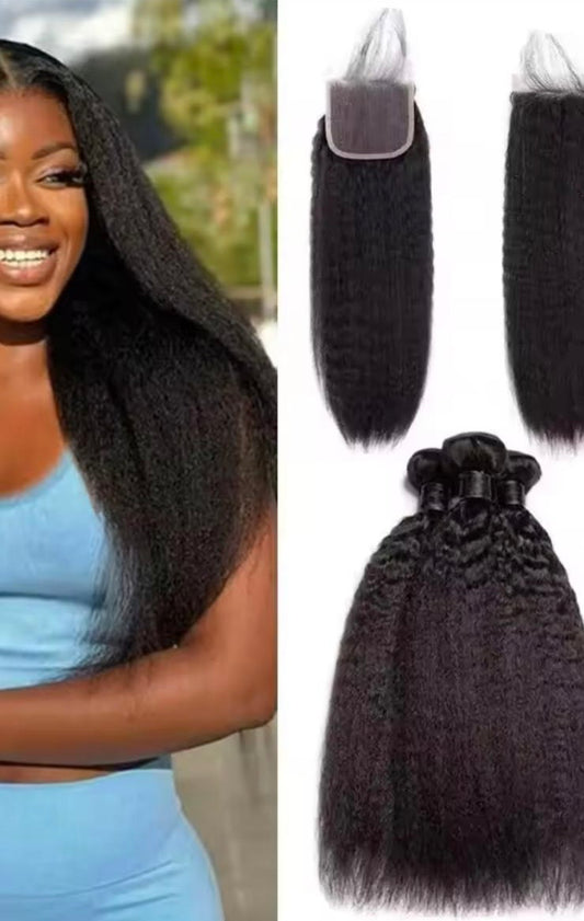 Tissage brésilien grade 15 quatre pièces plus top closur 5 pièces Kinky straig Color 1b